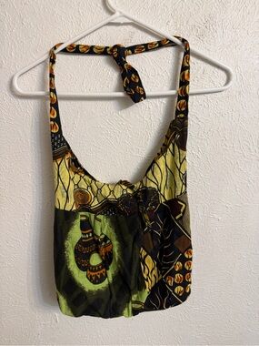 Handmade Print Halter Crossbody Bag in Black, Green & Yellow
